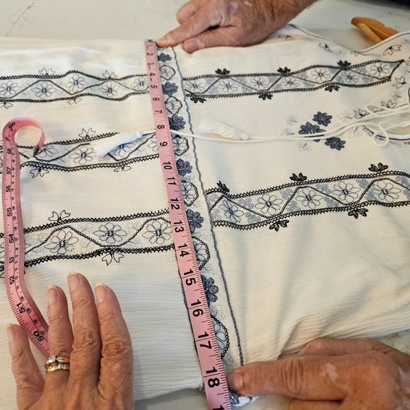 Max Studio Boho Mini Dress, Ivory with Blue Floral Embroidery, Size Medium - Picture 10 of 11